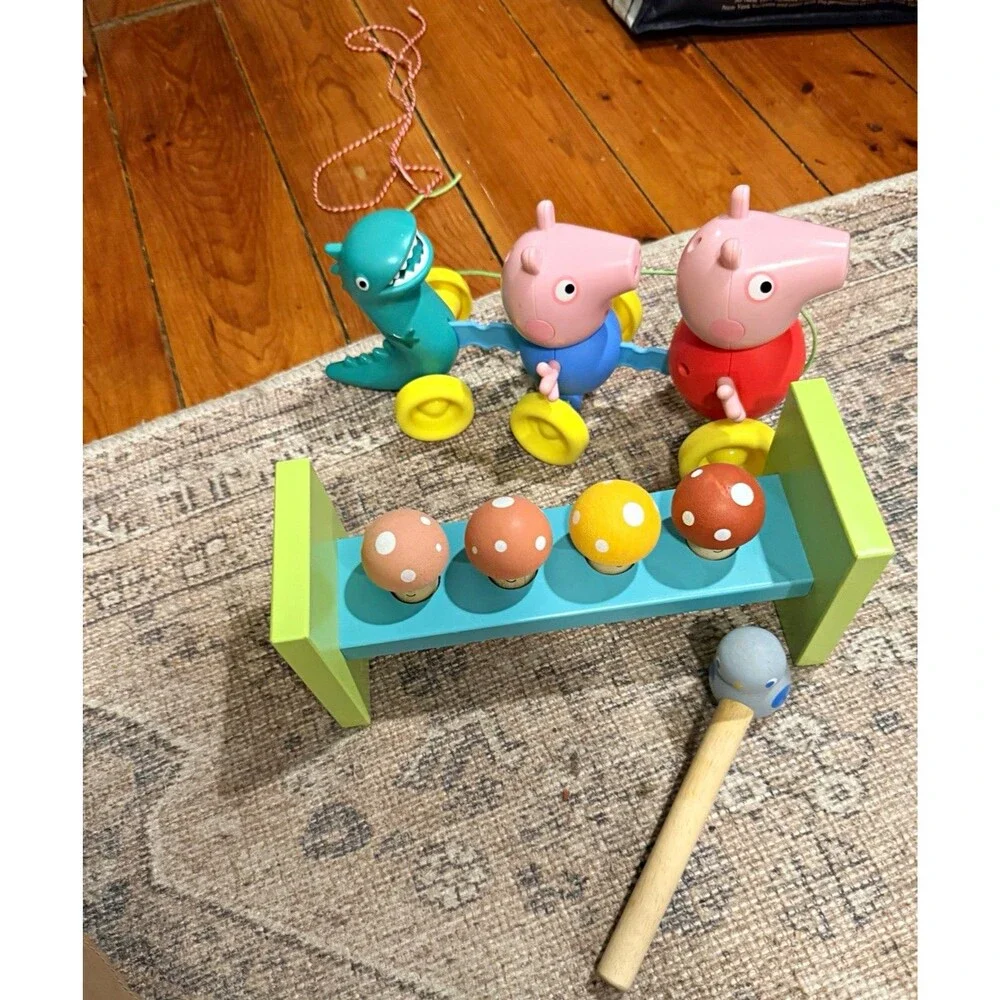 Toddler toy lot- Mentari Wooden mushroom Hammer Toy and Peppa Pig Pull Toy Tomy